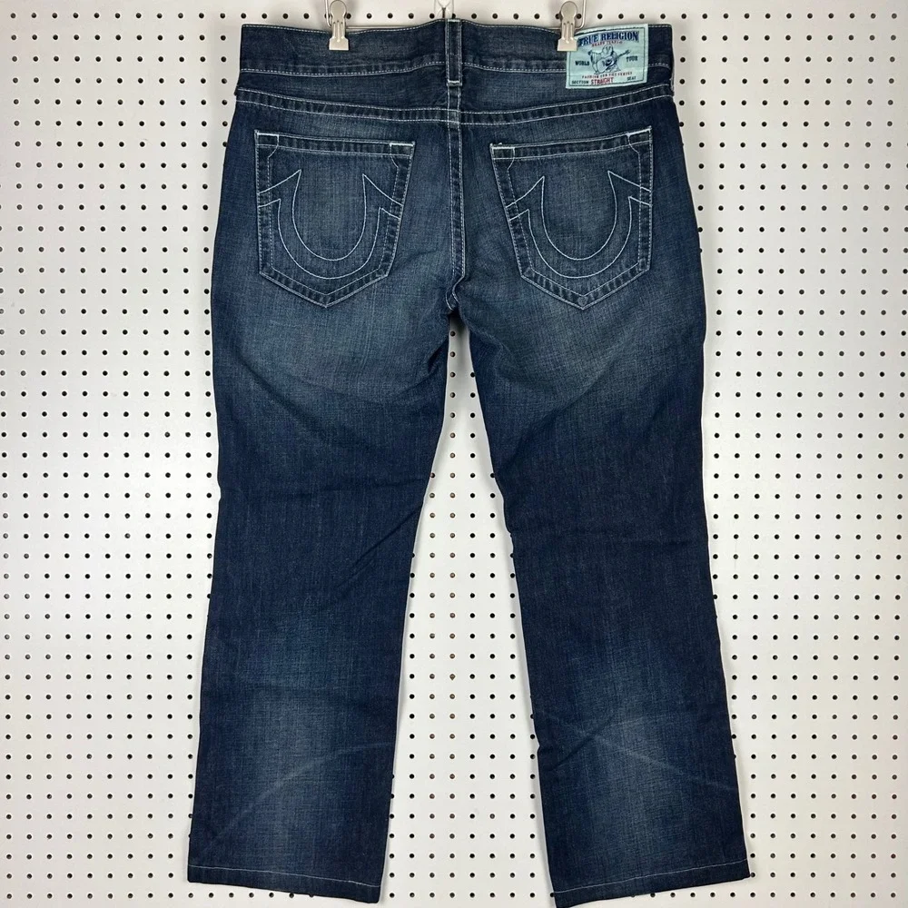 True Religion Straight Leg Jeans 38x32 Denim Wide Leg Dark Stitched Honeycomb